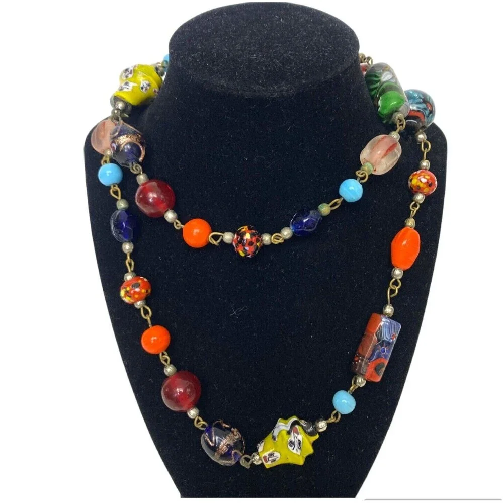 Artisan Necklace Venetian Art Glass Millefiori Lamp Worked Beads Multi Colored